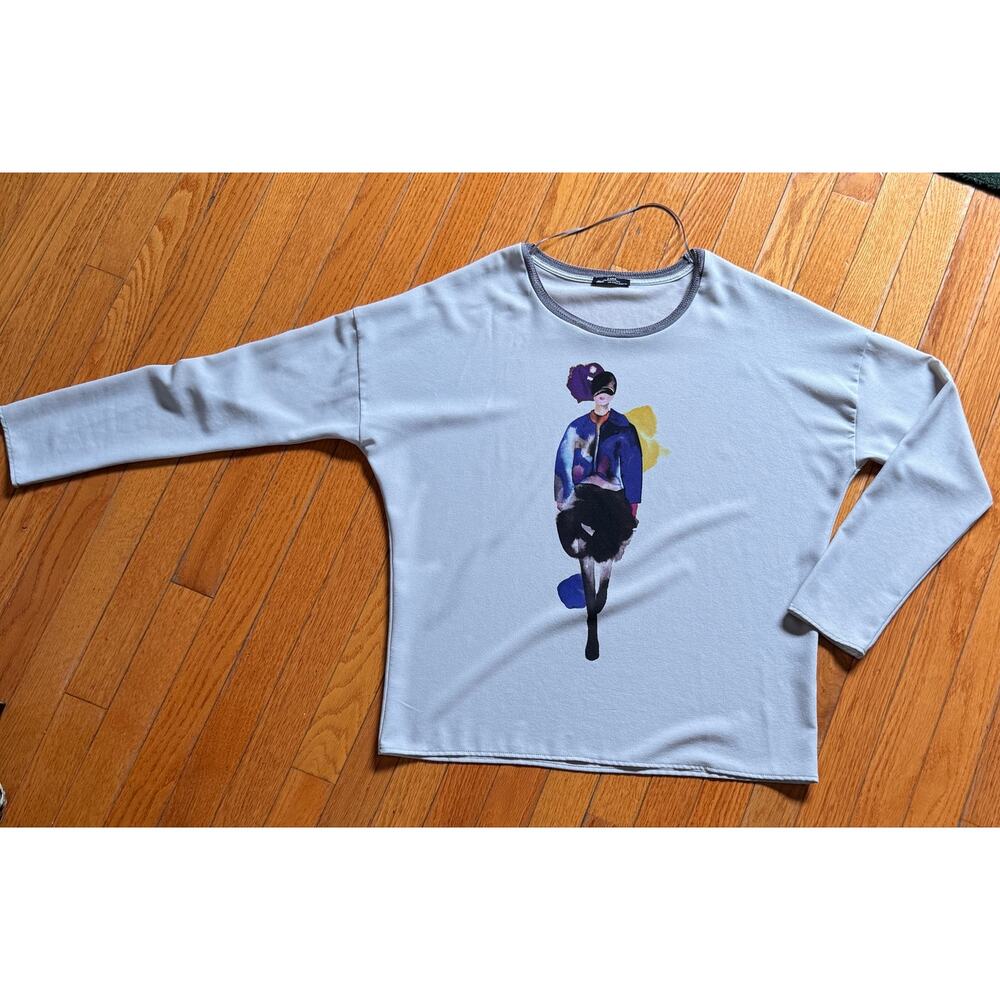 Zara W&B Collection Boxy Oversized Crop Top Long Sleeve Watercolor Graphic
